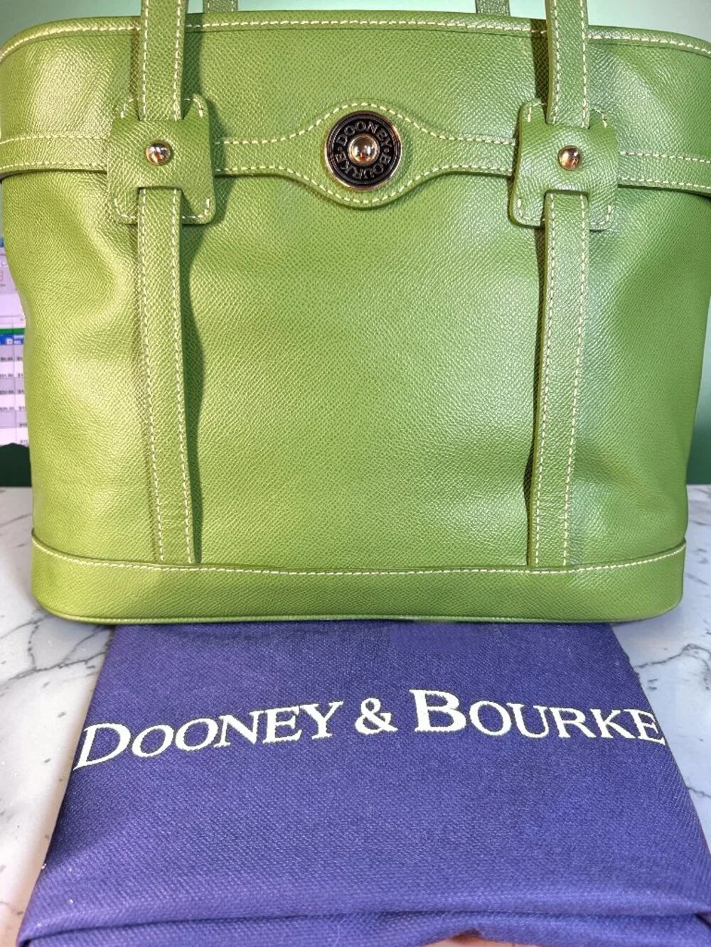 Dooney & Bourke Vintage Pebbled Green Leather Tote Bag with Matching Wallet Set
